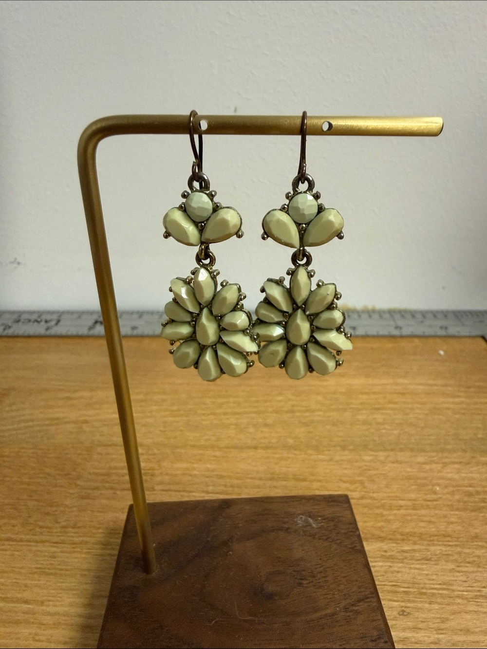 Sea foam green pastel dangle drop rhinestone earrings flower intricate
